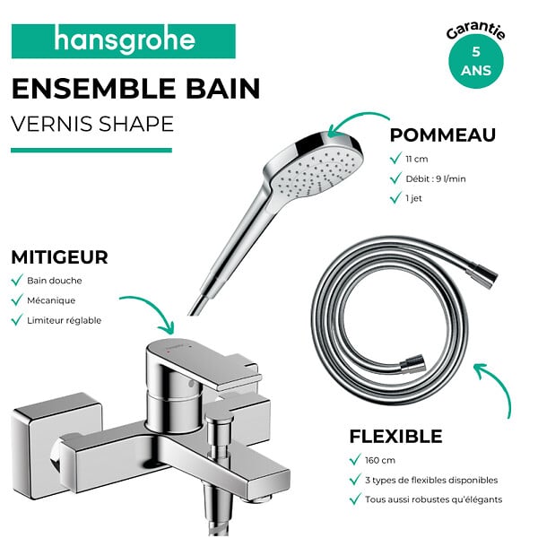 HANSGROHE - Pack mitigeur bain douche mécanique Vernis Shape C2 + Flexible Metaflex + Pommeau Croma Select E EcoSmart blanc/chromé - large