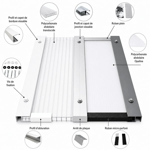MCCOVER - Profil et capot vissables de bordure couverture polycarbonate Aluminium, ep.10/16/32 mm, L.3,5 m - large