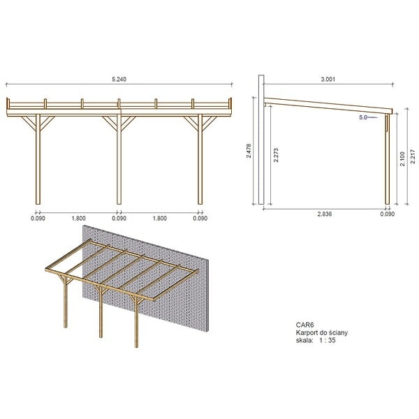 ALTANKA - Carport, abri de voiture  3x5.24 m - 15 m2 - adossé  - CAR6 - large