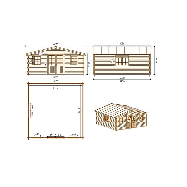 ALTANKA - Abri de jardin en bois - 34.8m2 - 5.9x5.9m - Traité - Ep. 45mm - Couleur: marron - DOM656 - large