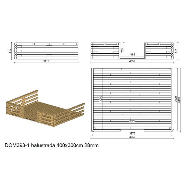 ALTANKA - Terrasse en bois avec balustrade pour abri en bois - 12m2 - 4m x 3m - couleur: naturel - DOM393 - large