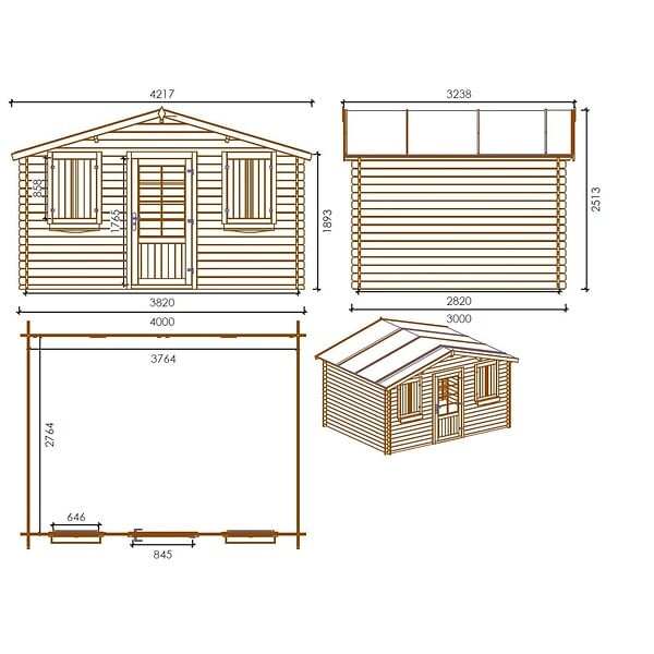 ALTANKA - Abri de jardin en bois - 12m2 - 4x3m - Ep. 28mm - Couleur: naturel - DOM137 - large