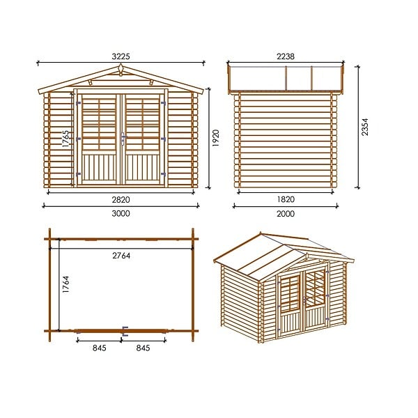 ALTANKA - Abri de jardin en bois - 6m2 - 3x2m - Ep. 28mm - Couleur: naturel - DOM420 - large