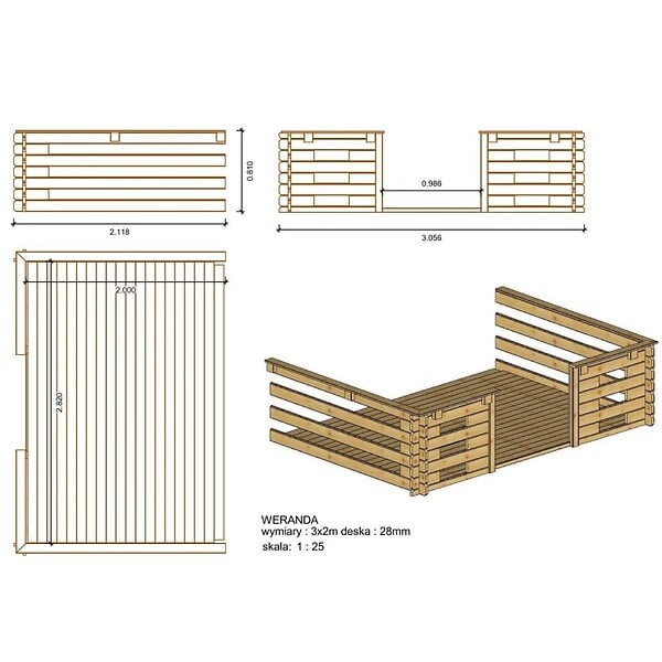 ALTANKA - Terrasse en bois avec balustrade pour abri en bois - 6m2 - 3m x 2m - imprégnée - couleur: marron - DOM147 - large