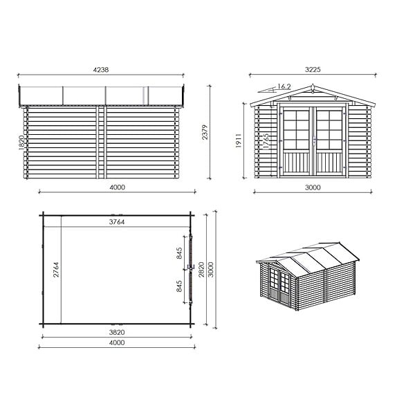 ALTANKA - Abri de jardin en bois - 12m2 - 3x4m - Ep. 28mm - Couleur: naturel - DOM661 - large