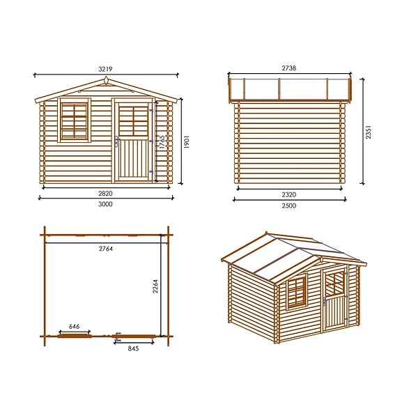 ALTANKA - Abri de jardin en bois - 7.5m2 - 3x2.5m - Ep. 28mm - Couleur: naturel - DOM469 - large