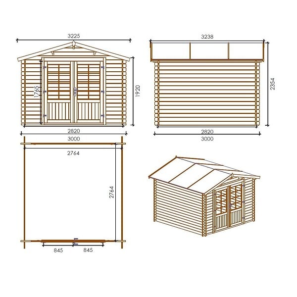 ALTANKA - Abri de jardin en bois - 9m2 - 3x3m - Traité - Ep. 28mm - Couleur: marron - DOM427 - large