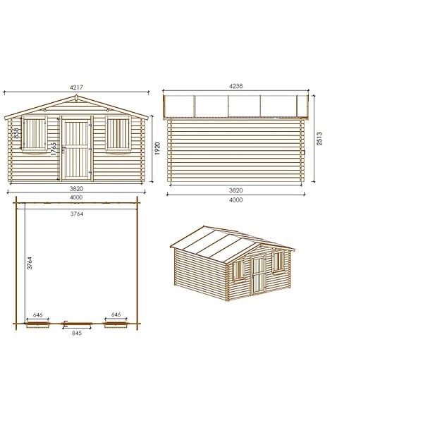 ALTANKA - Abri de jardin en bois - 16m2 - 4x4m - Traité - Ep. 28mm - Couleur: marron - DOM144 - large
