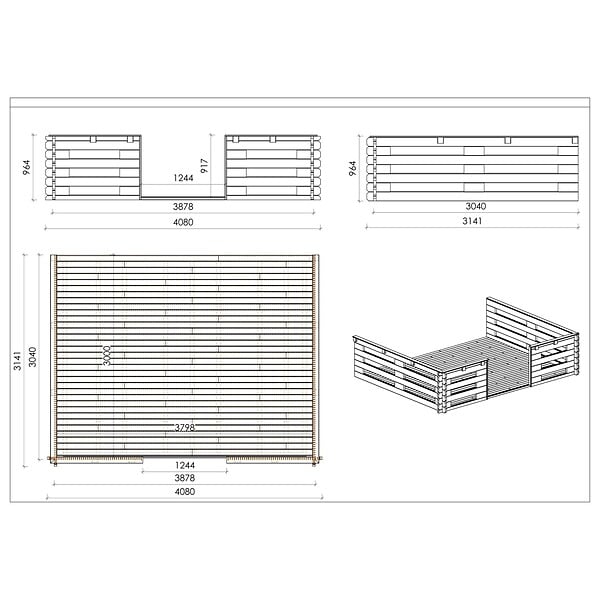 ALTANKA - Terrasse en bois avec balustrade pour abri en bois - 12m2 - 4m x 3m - couleur: naturel - DOM548 - large