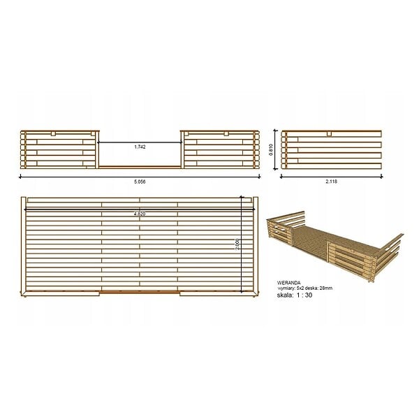 ALTANKA - Terrasse en bois avec balustrade pour abri en bois - 10m2 - 5m x 2m - imprégnée - couleur: marron - DOM603 - large