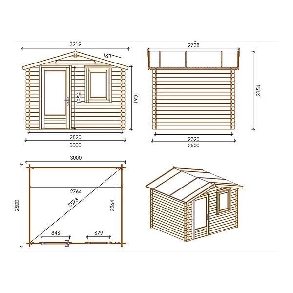 ALTANKA - Abri de jardin en bois - 7.5m2 - 3x2.5m - Ep. 28mm - Couleur: naturel - DOM755 - large
