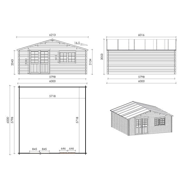 ALTANKA - Abri de jardin en bois - 6x6 m + terrasse avec balustrade et avant-toit en bois - 48 m2 - DOM749+DOM553+DOM555+POD04 - large