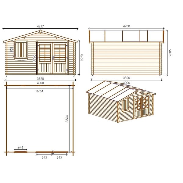 ALTANKA - Abri de jardin en bois - 16m2 - 4x4m - Traité - Ep. 28mm - Couleur: marron - DOM181 - large