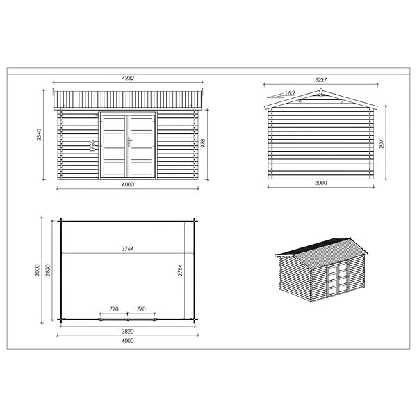 ALTANKA - Abri de jardin en bois - 4x3 m avec extension de 4x2.76 m - 23.06 m²- Traité - DOM677+DOS194 - large
