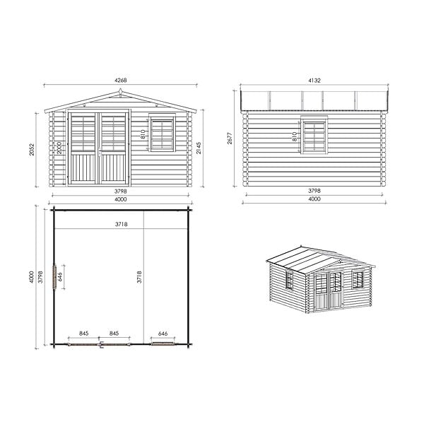 ALTANKA - Abri de jardin en bois - 16m2 - 4x4m - Ep. 40mm - Couleur: naturel - DOM611 - large