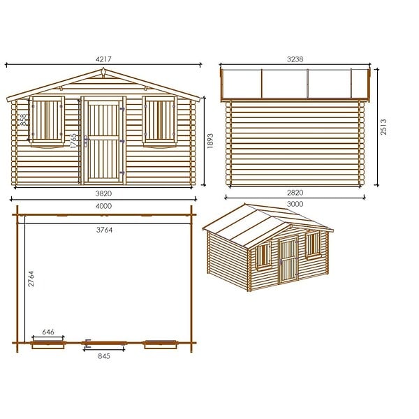 ALTANKA - Abri de jardin en bois - 12m2 - 4x3m - Traité - Ep. 28mm - Couleur: marron - DOM418 - large