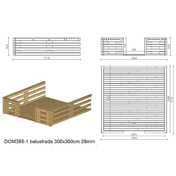 ALTANKA - Terrasse en bois avec balustrade pour abri en bois - 9m2 - 3m x 3m - couleur: naturel - DOM395 - large