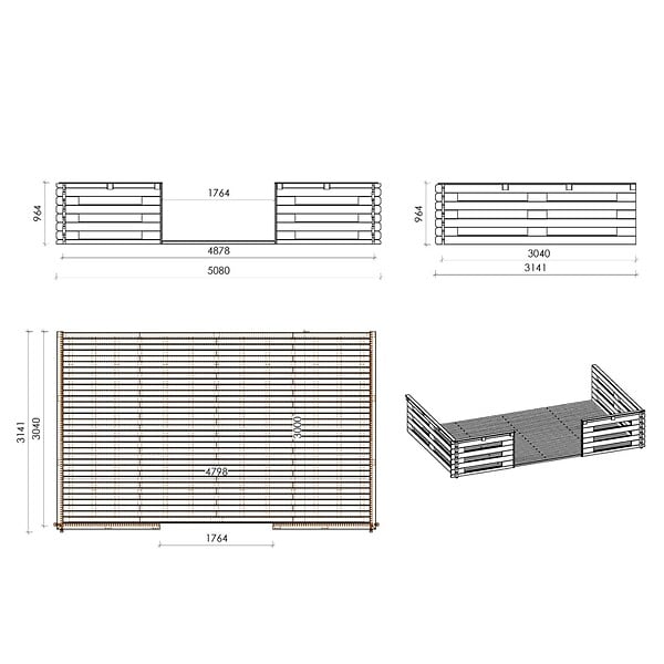 ALTANKA - Terrasse en bois avec balustrade pour abri en bois - 15m2 - 5m x 3m - couleur: naturel - DOM616 - large