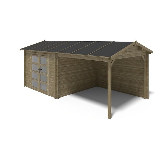 ALTANKA - Abri de jardin en bois - 17.4m2 - 5.79x3m - Traité - Ep. 28mm - Couleur: vert - DOM718 - large