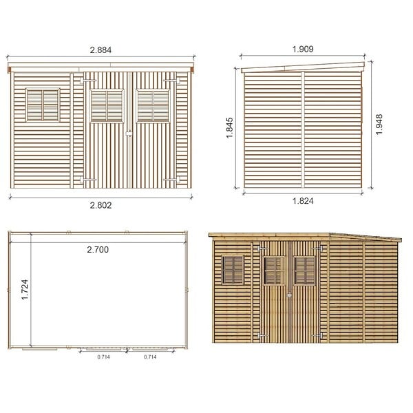 ALTANKA - Abri de jardin en bois 4.86 m2 - 2.7x1.8 m - Couleur: naturel - DOM421 - large