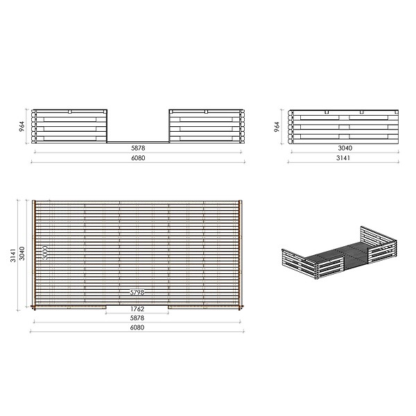 ALTANKA - Terrasse en bois avec balustrade pour abri en bois - 18m2 - 6m x 3m - couleur: naturel - DOM558 - large