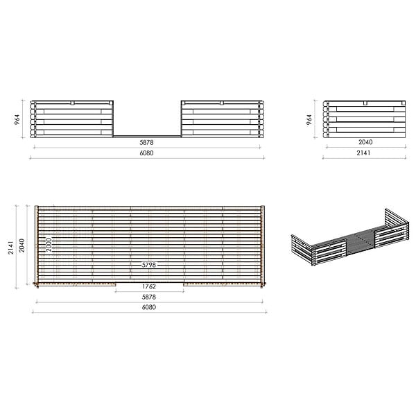 ALTANKA - Abri de jardin en bois - 6x5 m + terrasse avec balustrade et avant-toit en bois - 42 m2 - DOM747+DOM553+DOM555+POD04 - large