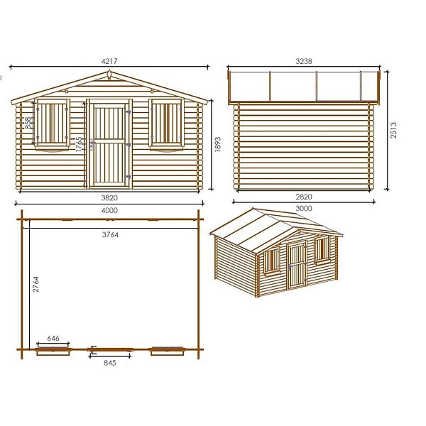 ALTANKA - Abri de jardin en bois - 12m2 - 4x3m - Ep. 28mm - Couleur: naturel - DOM337 - large