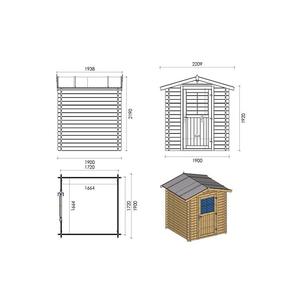 ALTANKA - Abri de jardin en bois - 3.61m2 - 1.9x1.9m - Ep. 28mm - Couleur: naturel - DOM593 - large