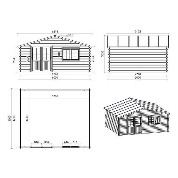ALTANKA - Abri de jardin en bois - 6x5 m + terrasse avec balustrade et avant-toit en bois - 48 m2 - DOM747+DOM556+DOM558+POD04 - large