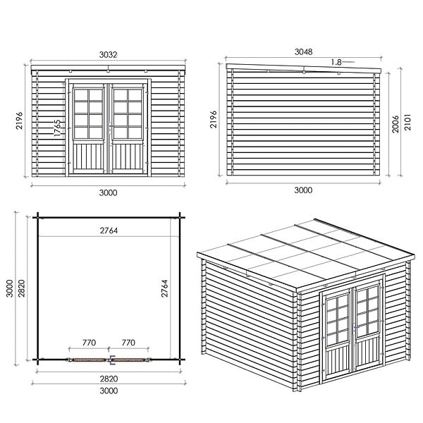 ALTANKA - Abri de jardin en bois - 9m2 - 3x3m - Traité - Ep. 28mm - Couleur: vert - DOM356 - large