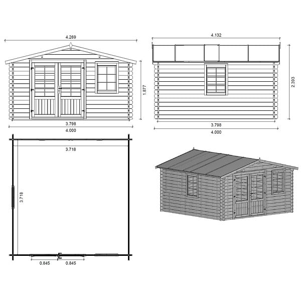 ALTANKA - Abri de jardin en bois - 16m2 - 4x4m - Ep. 40mm - Couleur: naturel - DOM371 - large