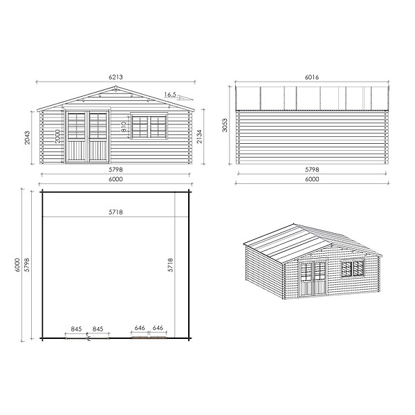 ALTANKA - Abri de jardin en bois - 6x6 m + terrasse avec balustrade et avant-toit en bois - 54 m2 - DOM749+DOM556+DOM558+POD04 - large