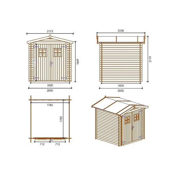 ALTANKA - Abri de jardin en bois - 4m2 - 2x2m - Ep. 19mm - Couleur: naturel - DOM565 - large