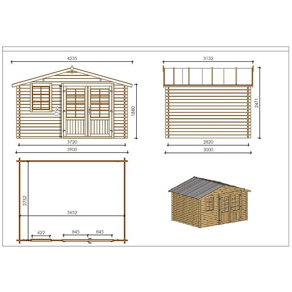 ALTANKA - Abri de jardin en bois - 11.7m2 - 3.9x3m - Ep. 34mm - Couleur: naturel - DOM561 - large