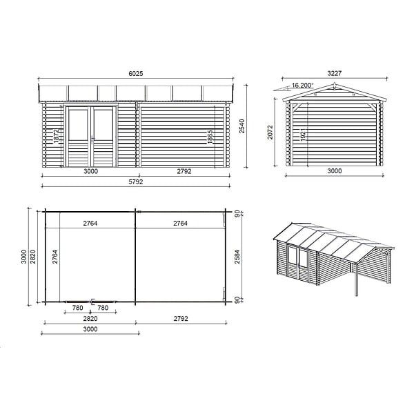 ALTANKA - Abri de jardin en bois - 17.4m2 - 5.79x3m - Ep. 28mm - Couleur: naturel - DOM639 - large
