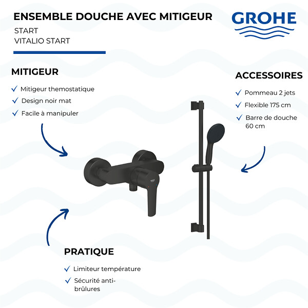 GROHE - Mitigeur douche mécanique Start avec ensemble de douche 2 jets noir mat - large