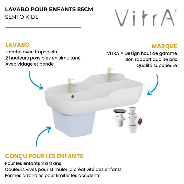 VITRA - Lavabo pour enfant VitrA Sento Kids 85 cm + siphon et bonde Wirquin - large