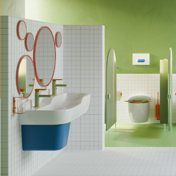 VITRA - Lavabo pour enfant VitrA Sento Kids 85 cm + cache siphon bleu + siphon et bonde WIRQUIN - large