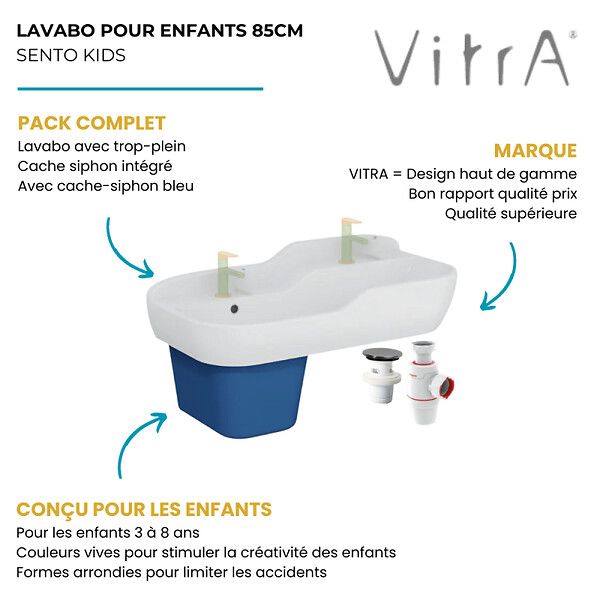 VITRA - Lavabo pour enfant VitrA Sento Kids 85 cm + cache siphon bleu + siphon et bonde WIRQUIN - large