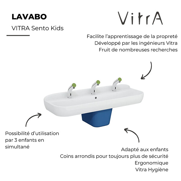 VITRA - Lavabo pour enfant VitrA Sento Kids 125 cm + cache siphon bleu + siphon et bonde WIRQUIN - large