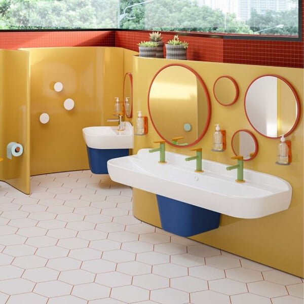 VITRA - Lavabo pour enfant VitrA Sento Kids 125 cm + cache siphon bleu + siphon et bonde WIRQUIN - large