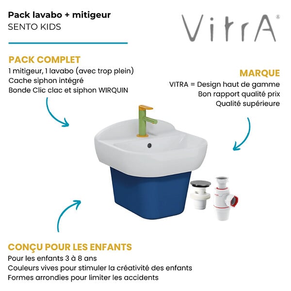 VITRA - Lavabo pour enfant VitrA Sento Kids 45 cm + cache siphon bleu + Mitigeur lavabo Sento Kids + siphon et bonde WIRQUIN - large
