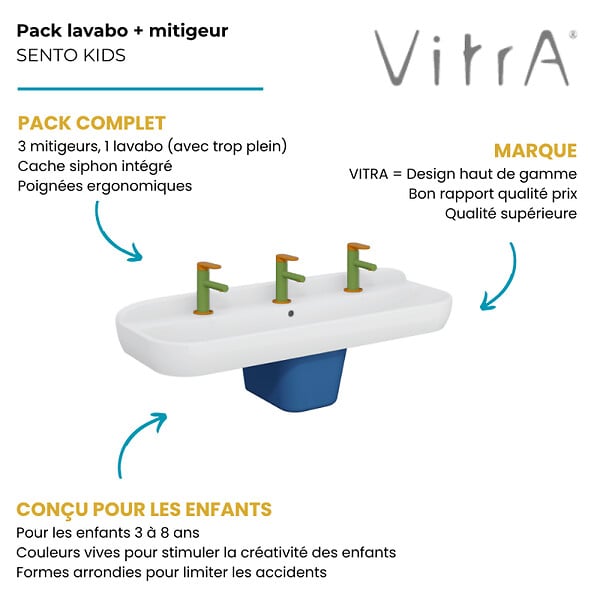 VITRA - Lavabo pour enfant VitrA Sento Kids 125 cm + cache siphon + Mitigeur lavabo VitrA Sento Kids - large