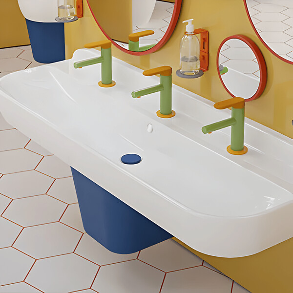 VITRA - Lavabo pour enfant VitrA Sento Kids 125 cm + cache siphon bleu + 3 mitigeurs lavabo VitrA Sento Kids + siphon et bonde WIRQUIN - large
