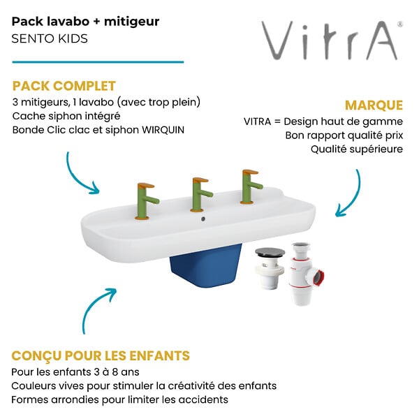 VITRA - Lavabo pour enfant VitrA Sento Kids 125 cm + cache siphon bleu + 3 mitigeurs lavabo VitrA Sento Kids + siphon et bonde WIRQUIN - large