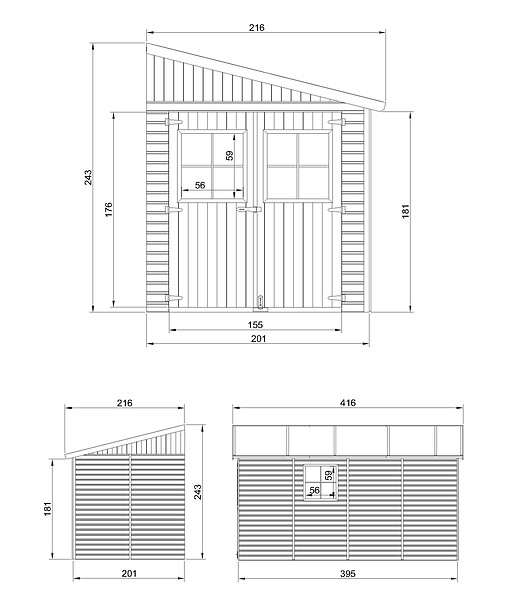 TIMBELA - Abri de Jardin en Bois Naturel (sans paroi latérale)- H243xl216xL416 cm/8 m2 - M340 - large