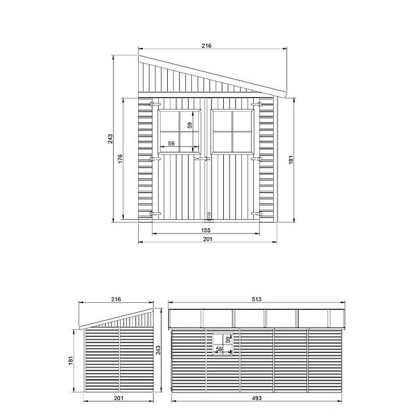 TIMBELA - TIMBELA M341+M341G Abri de Jardin en Bois Naturel (sans paroi latérale) PLUS LES PLANCHERS IMPRÉGNÉ- H244xl216xL513 cm/10 m2 - large