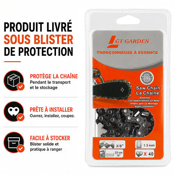 GT GARDEN - Chaîne 40 maillons pour tronçonneuse élagueuse - large