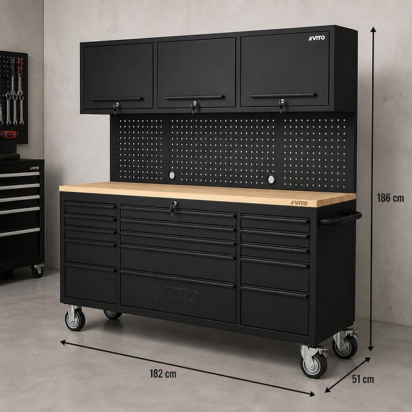 VITO - Etabli d'atelier sur roues Armoire 3 Portes 182 x 51 x 186 cm 15 tiroirs à frein - Plan de travail Bois Charge 500kg - VITO - large