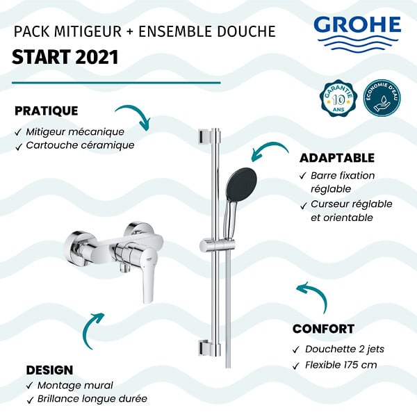 GROHE - Pack mitigeur douche mécanique Start 2021 + ensemble de douche 2 jets Vitalio Start avec barre chromé - large